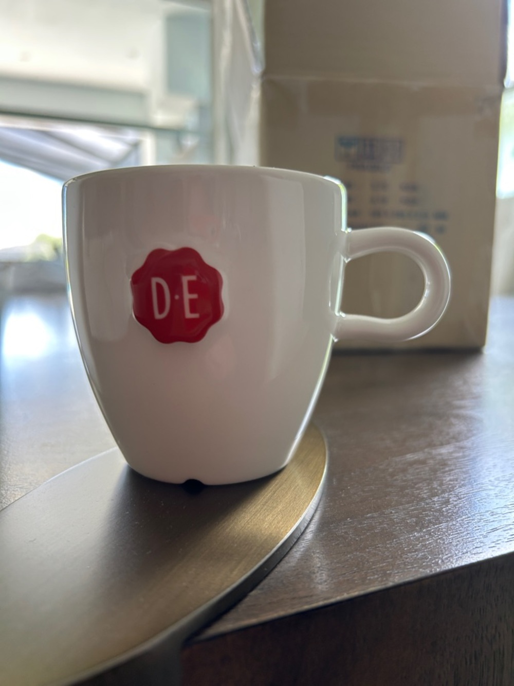White Ceramic Latte
 Cup with Red Douwe Egberts Coffee Logo